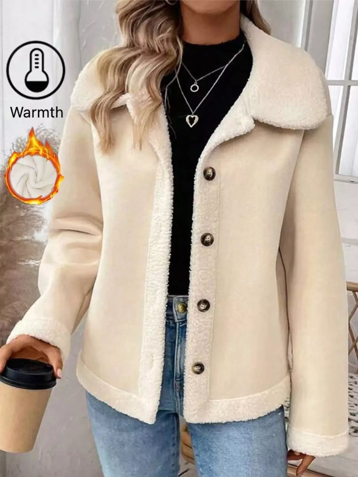Full Size Cozy Faux Suede Sherpa-Lined Button-Down Jacket Plus Size