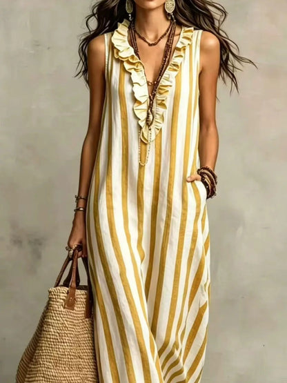 Plus Size Sleeveless Striped Ruffle Maxi Dress