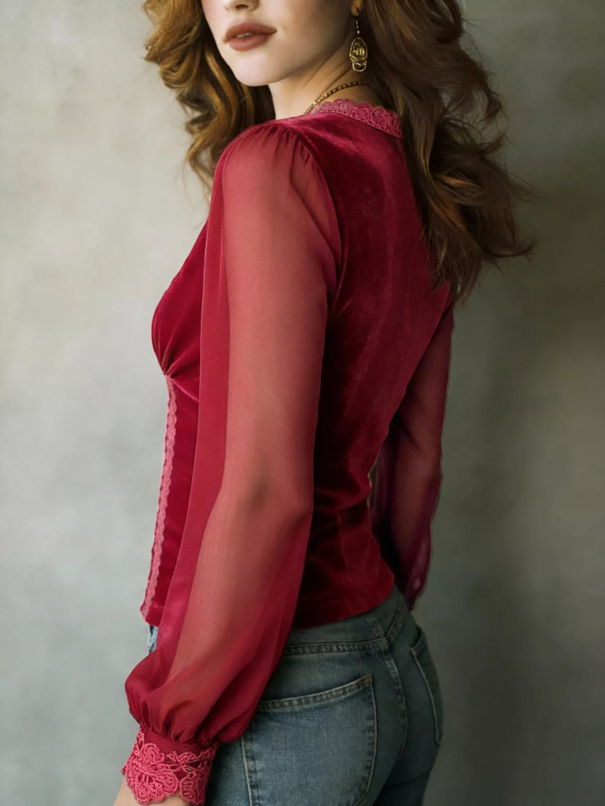 Lace-Trim Sheer Long Sleeve Blouse
