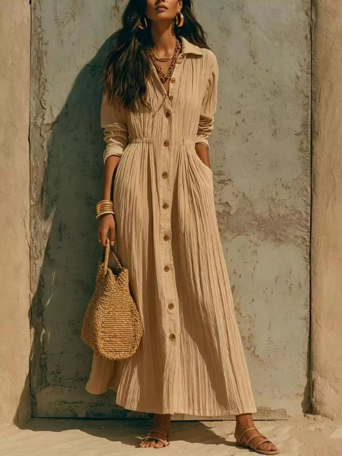 Button-Down Textured Maxi Shirt Dress