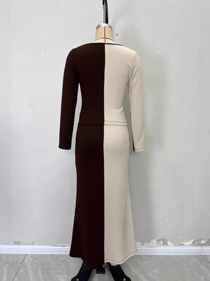 Two-Tone Long Sleeve Top and Maxi Skirt Set