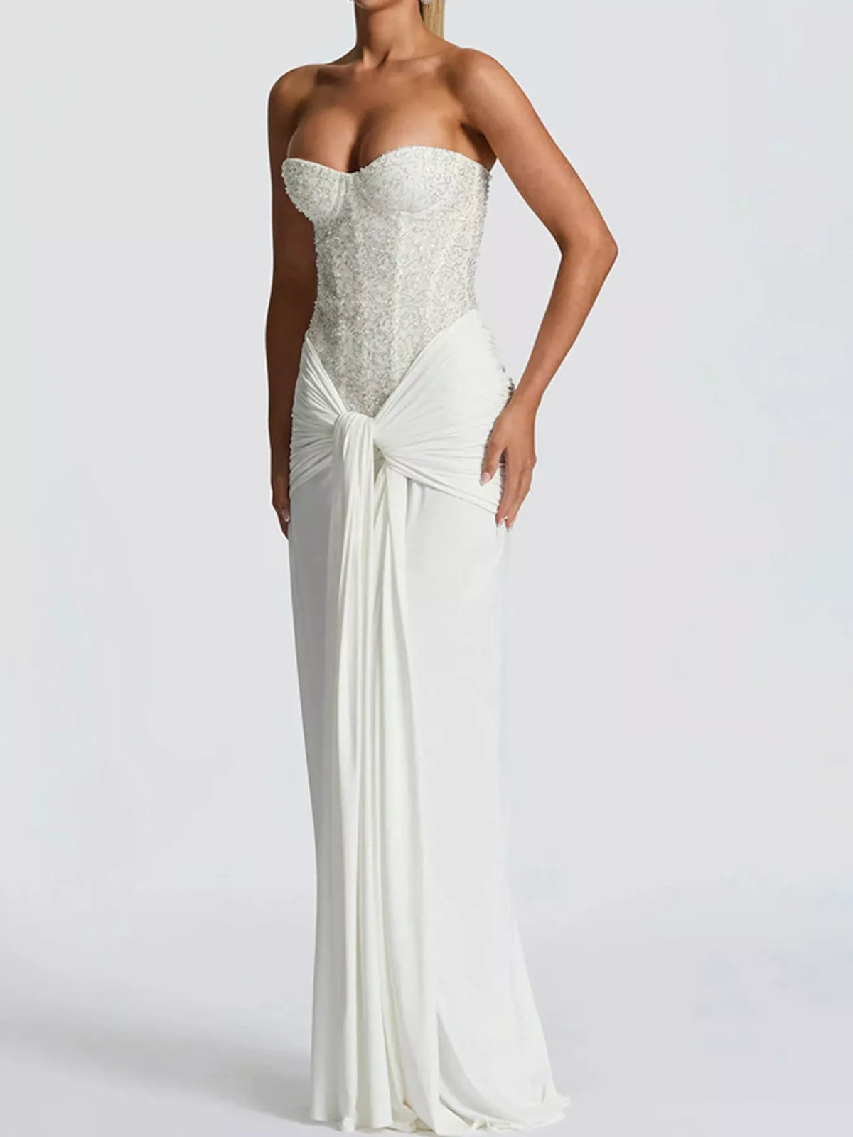 Elegant Strapless Sequin Corset Maxi Dress with Draped Waist Detail