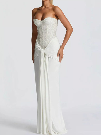 Elegant Strapless Sequin Corset Maxi Dress with Draped Waist Detail