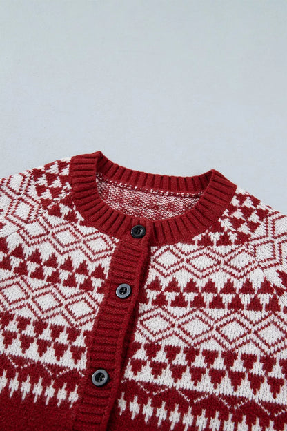 Geometric Print Button Front Long Sleeve Knitwear Cardigan