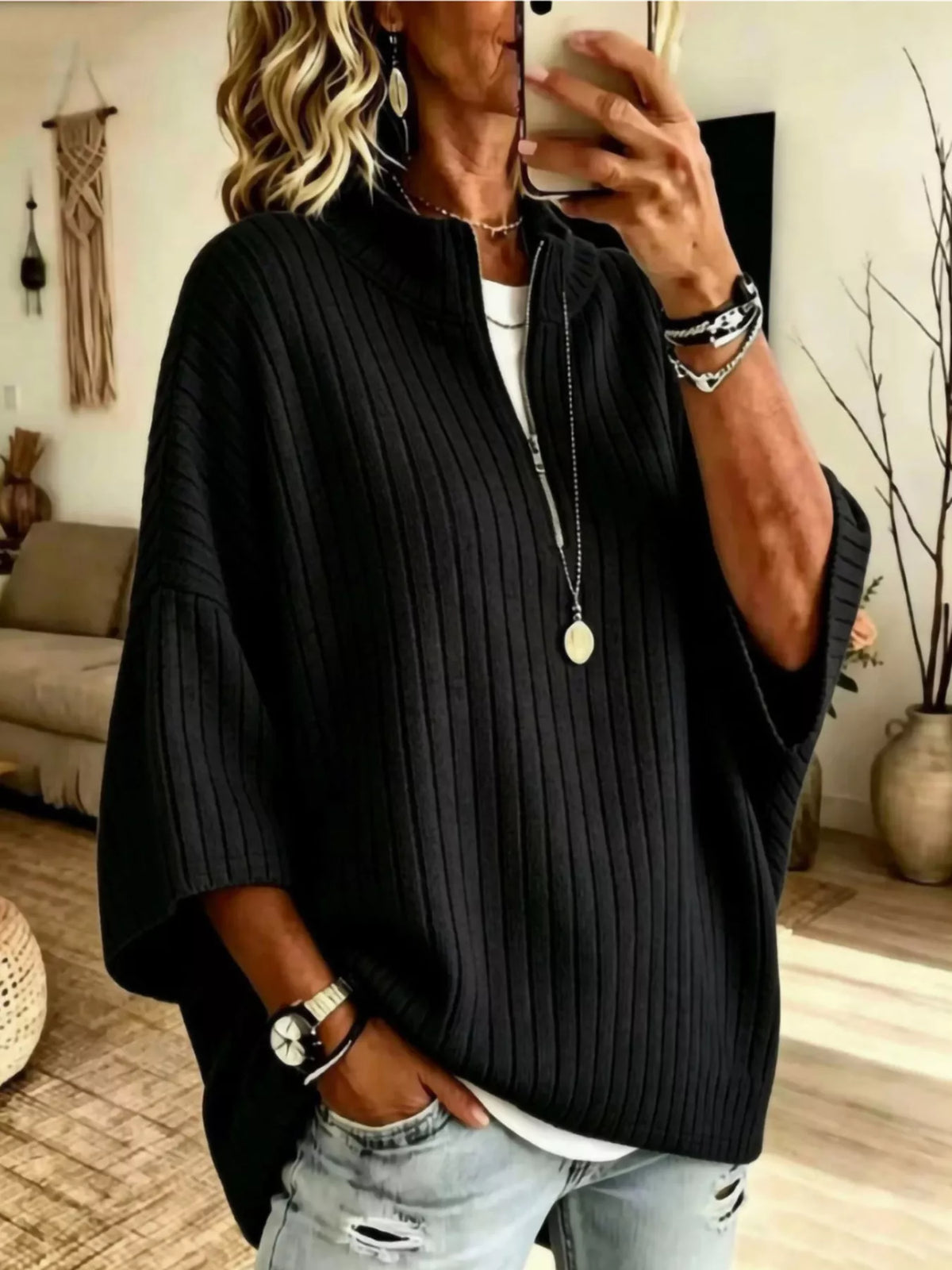 Half-Zip Ribbed Knit Top
