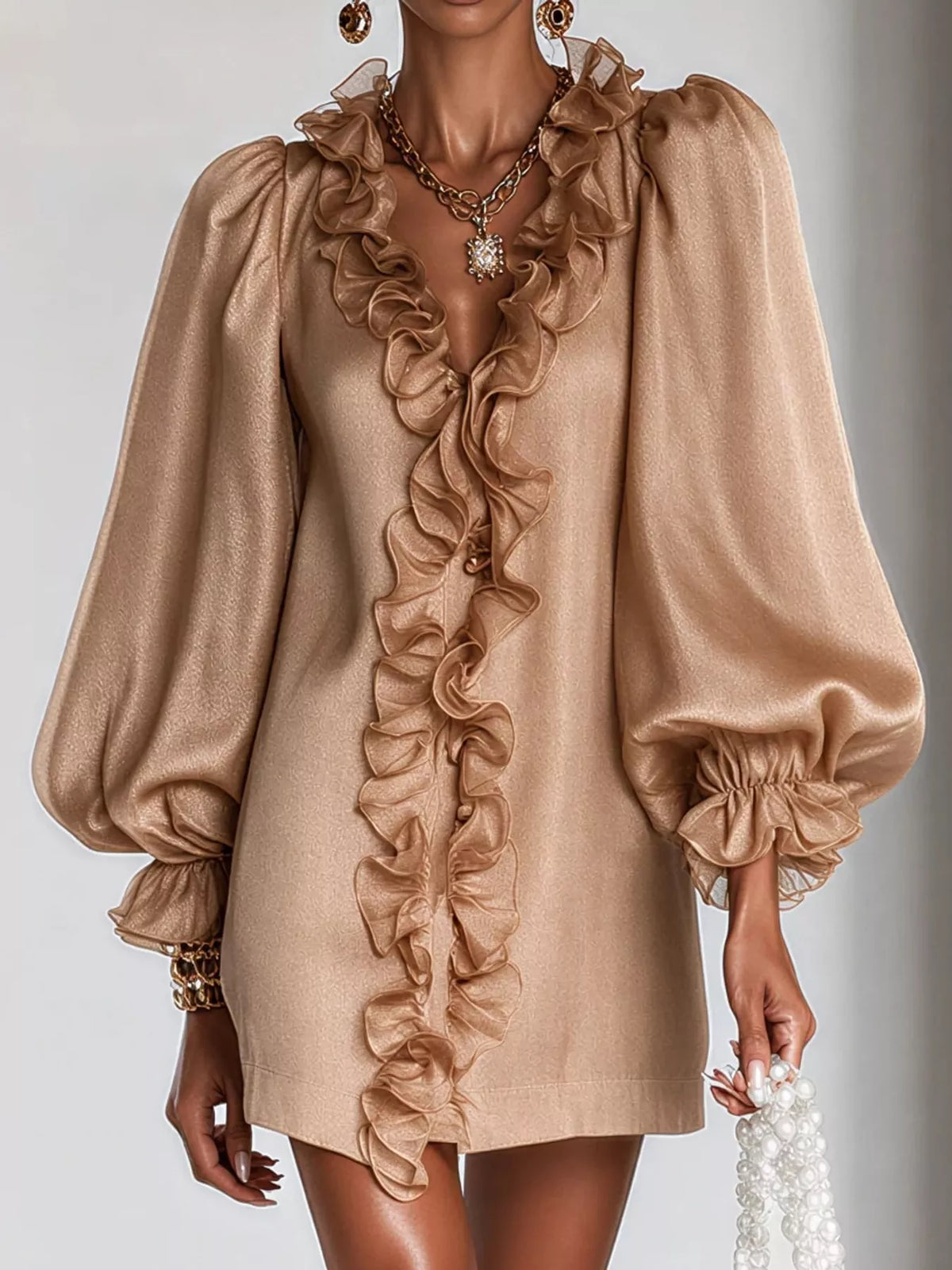 Ruffle Trim Puff Sleeve Mini Dress