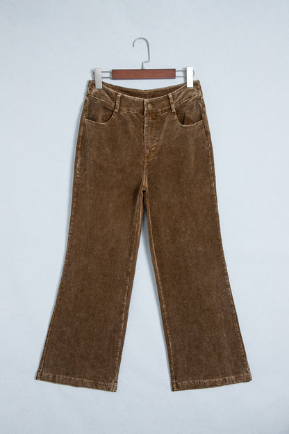 Camel Straight Leg Corduroy Metal Button Zip-up Pants