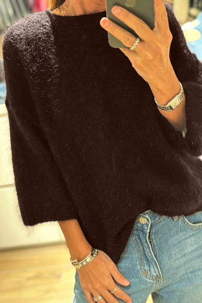 White Solid Color Knit Half Sleeve Round Neck Shift Sweater