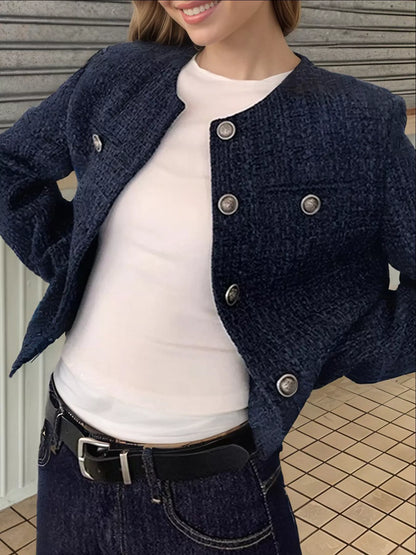 Tweed Metallic Buttons Cropped Outerwear
