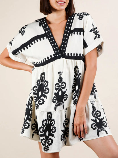 Printed V-Neck Short Sleeve Mini Dress