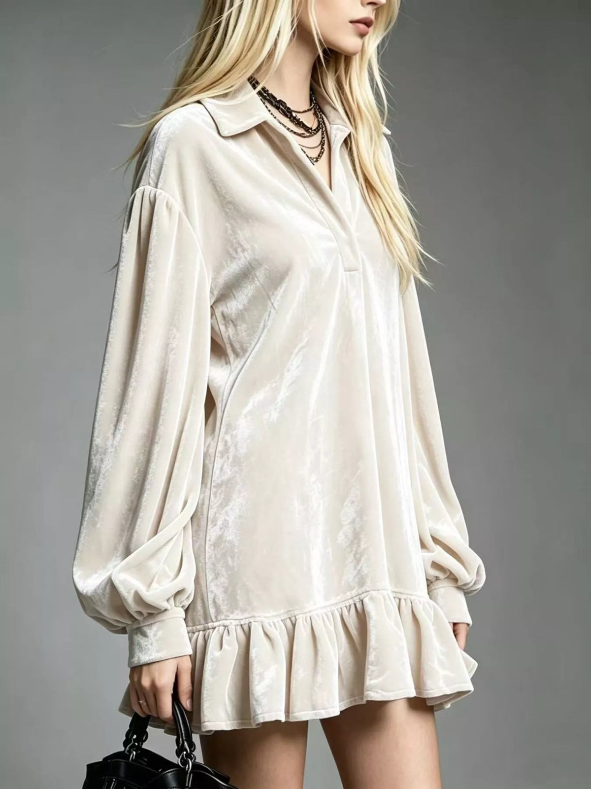 Full Size Velvet Long-Sleeve Ruffle Hem Mini Dress Plus Size