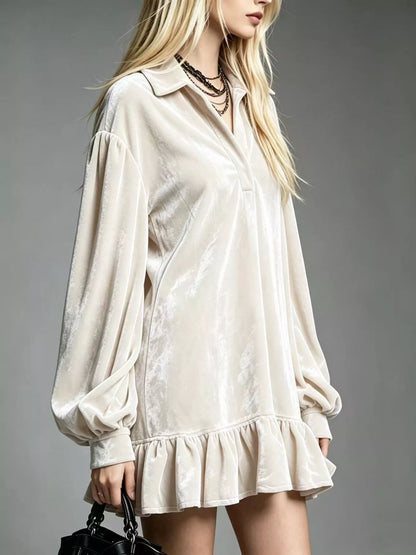 Full Size Velvet Long-Sleeve Ruffle Hem Mini Dress Plus Size