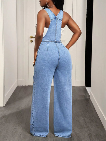 Wide Strap Wide Leg Denim Overalls