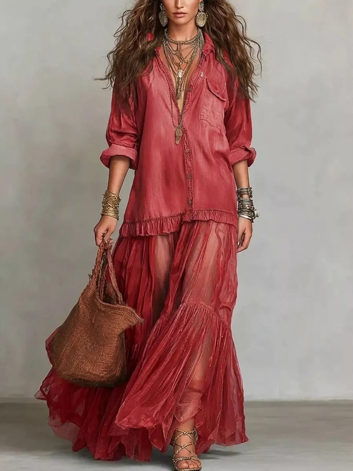 Full Size Sheer Tiered Long Sleeve Maxi Dress Plus Size
