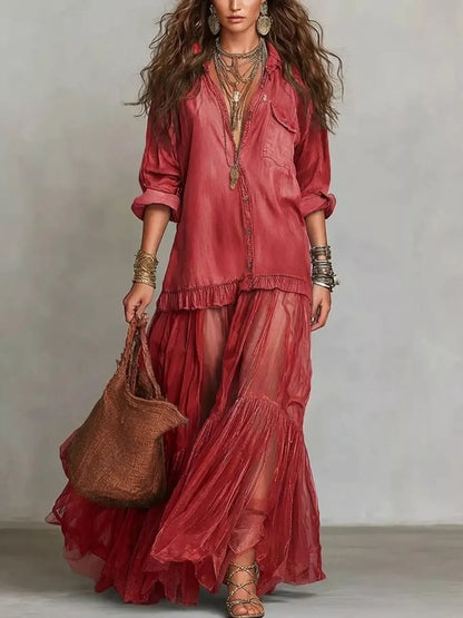 Full Size Sheer Tiered Long Sleeve Maxi Dress Plus Size
