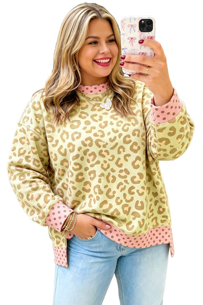 Khaki Plus Size Leopard Print Contrast Polka Dot Trim Long Sleeve Top