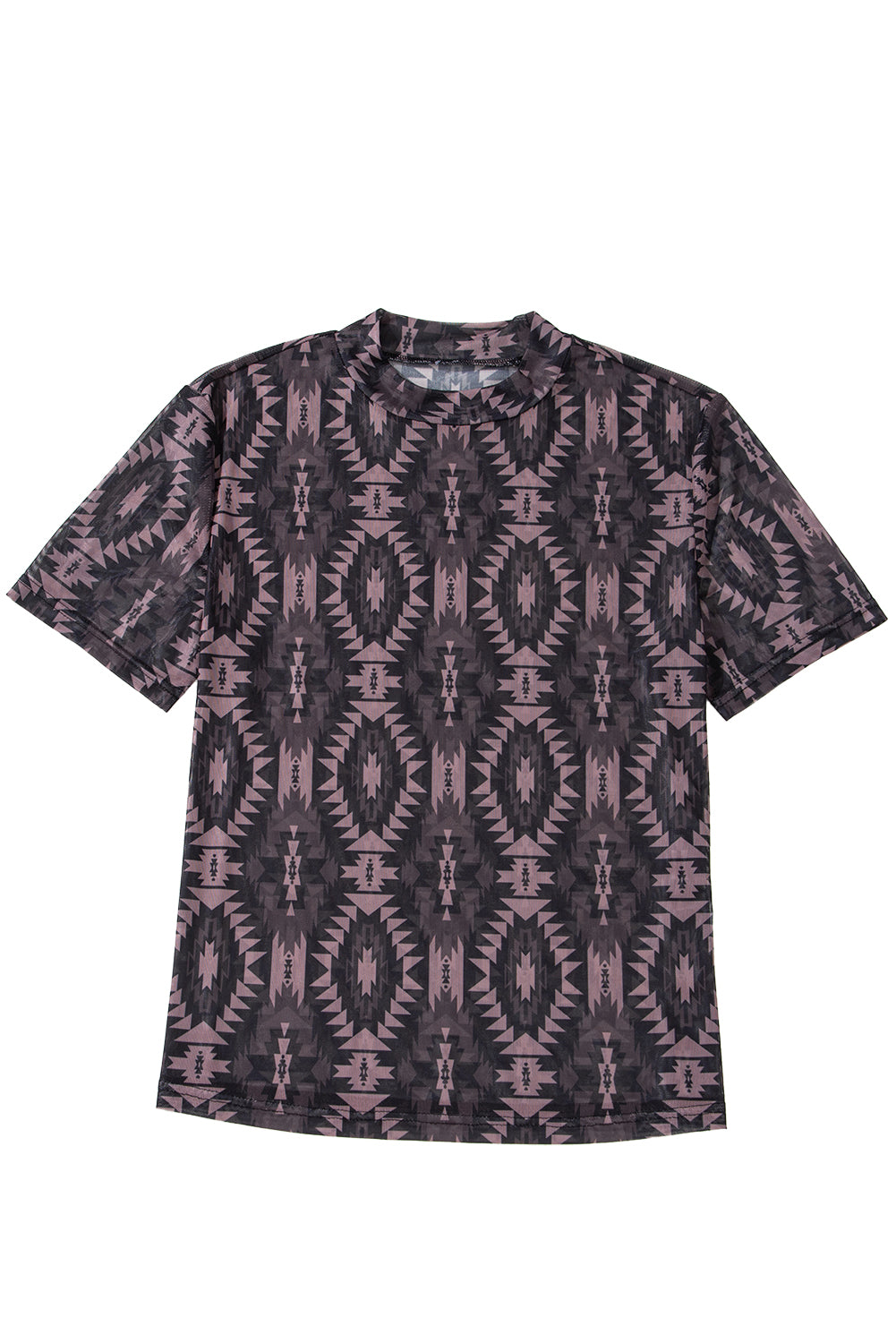 Brown Aztec Print Mock Neck Short Sleeve Mesh T Shirt