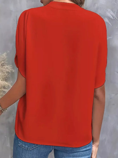 Notched Slit Short Sleeve Blouse