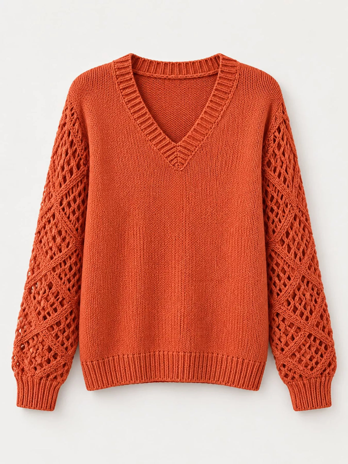 Full Size V-Neck Hollow-Out Long Sleeve Sweater Plus Size