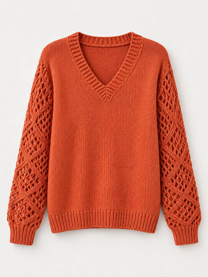 Full Size V-Neck Hollow-Out Long Sleeve Sweater Plus Size
