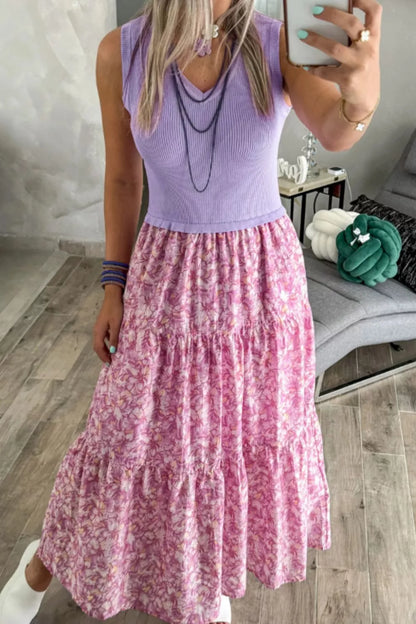 Ribbed V Neck Tank Floral Contrast Patchwork Dress