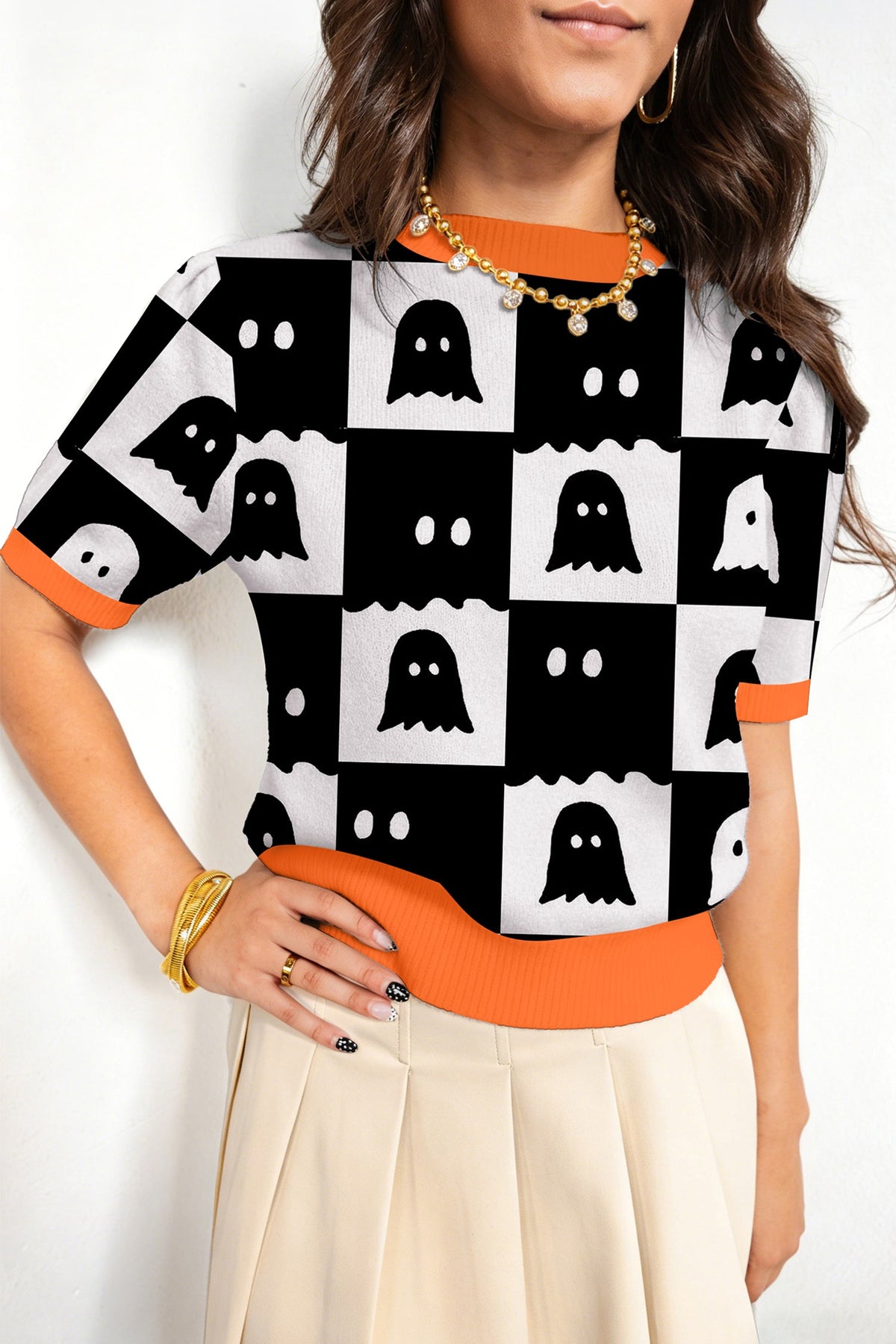 White Geometric Ghost Color Block Trim Short Sleeve Knit Sweater
