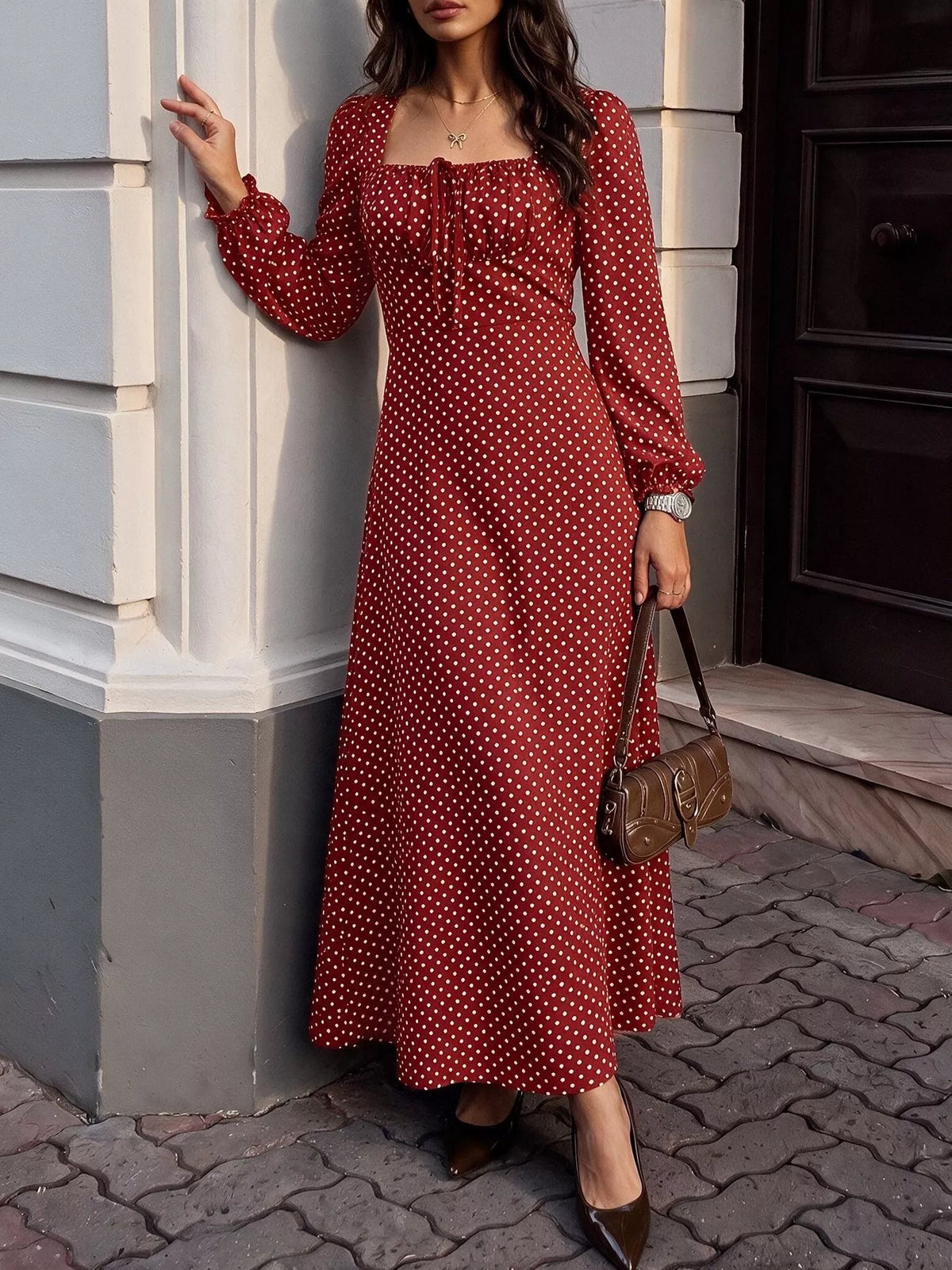 Square Neck Polka Dot Long Sleeve Maxi Dress