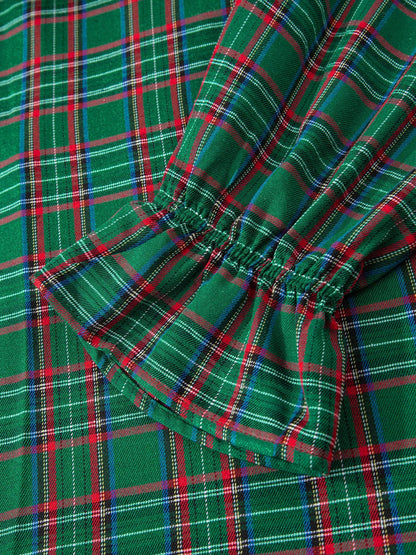 Plaid Square Neck Puff Sleeve Knot Waist Flared Midi Dress