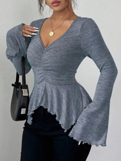 Ruched Flared Sleeves Peplum T-Shirt