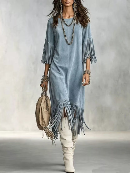 Fringed Round Neck Midi Dress