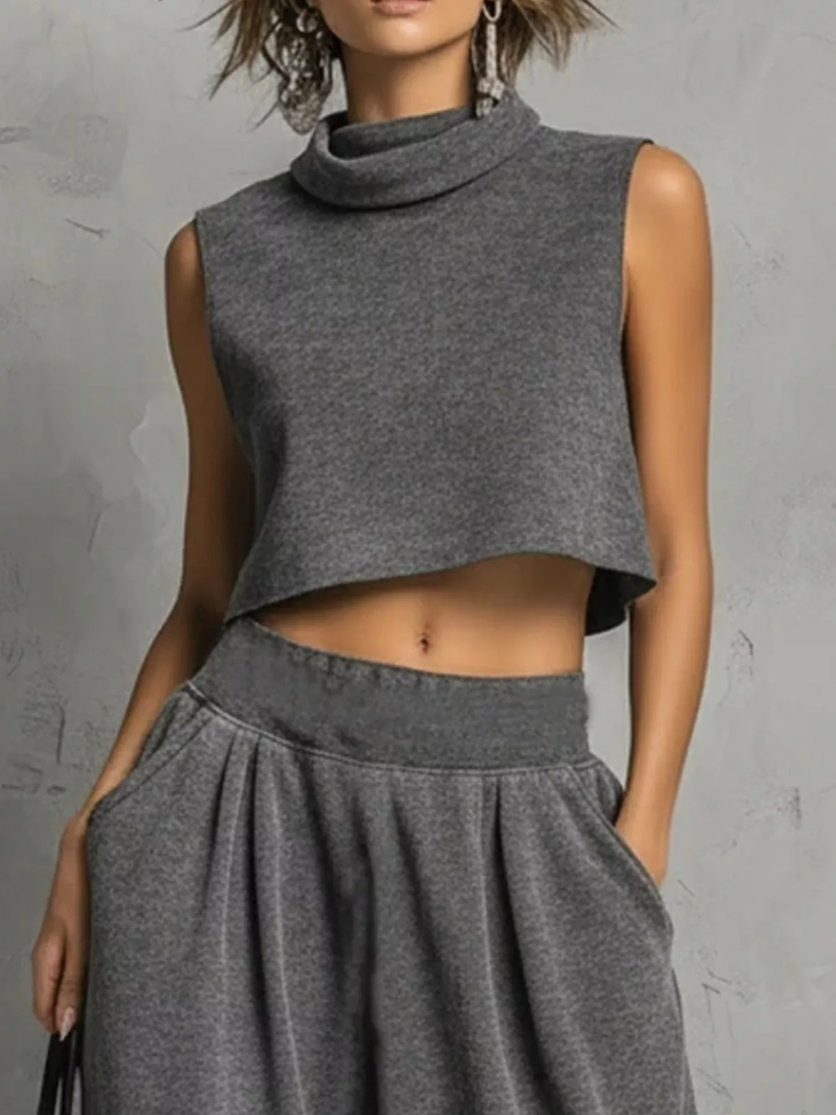 Sleeveless Mock Neck Crop Top and Wide-Leg Sweatpants Set