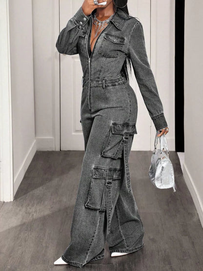 Zip Front Wide Leg Denim Jumpsuit