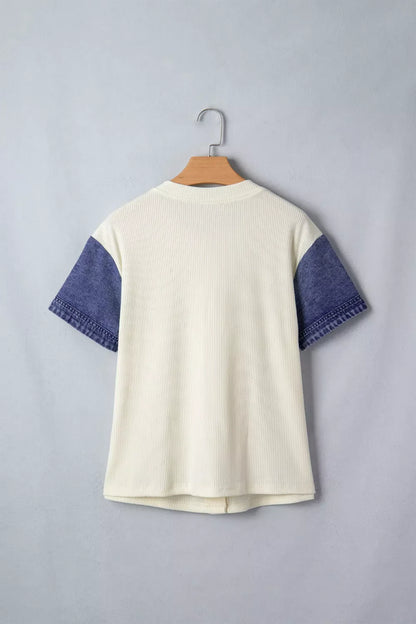 Ribbed Knit Button-Down Shirt with Denim Sleeves