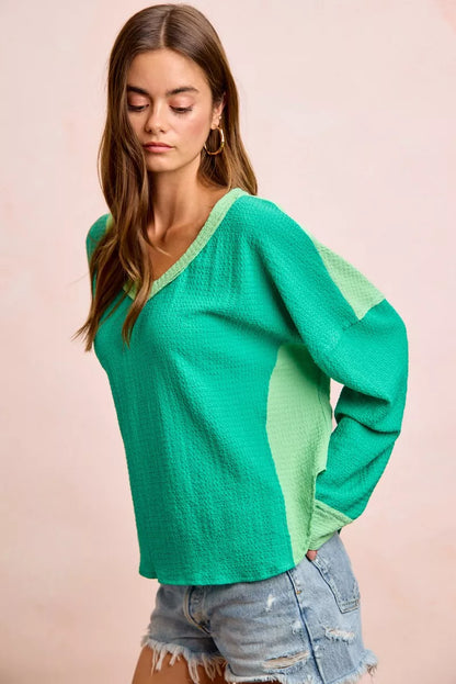 BiBi Textured Jersey Color Block Top With Cut Edge