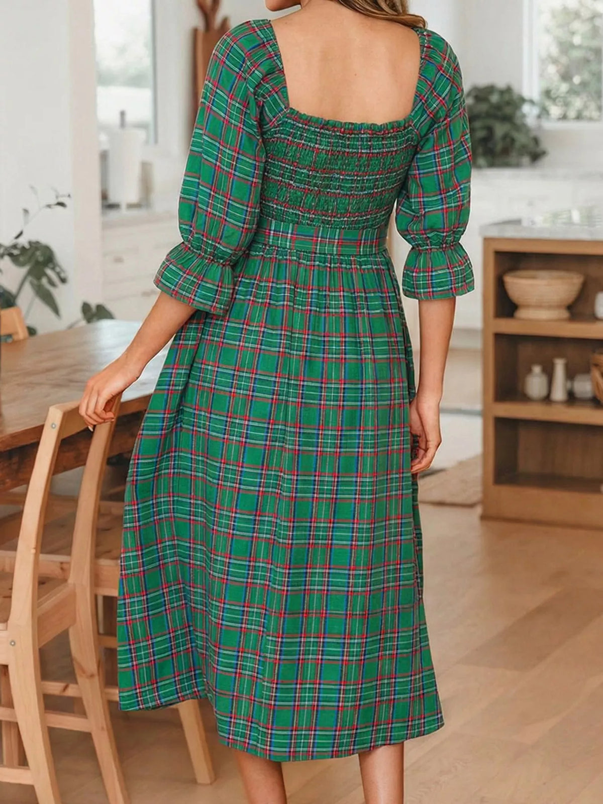 Plaid Square Neck Puff Sleeve Knot Waist Flared Midi Dress