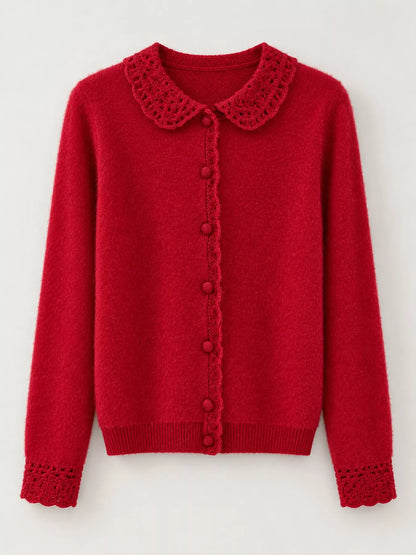 Lace-Collar Button Down Knit Cardigan