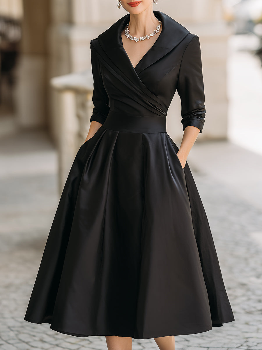 Vintage-Inspired Satin Midi Dress With Draped Collar Black