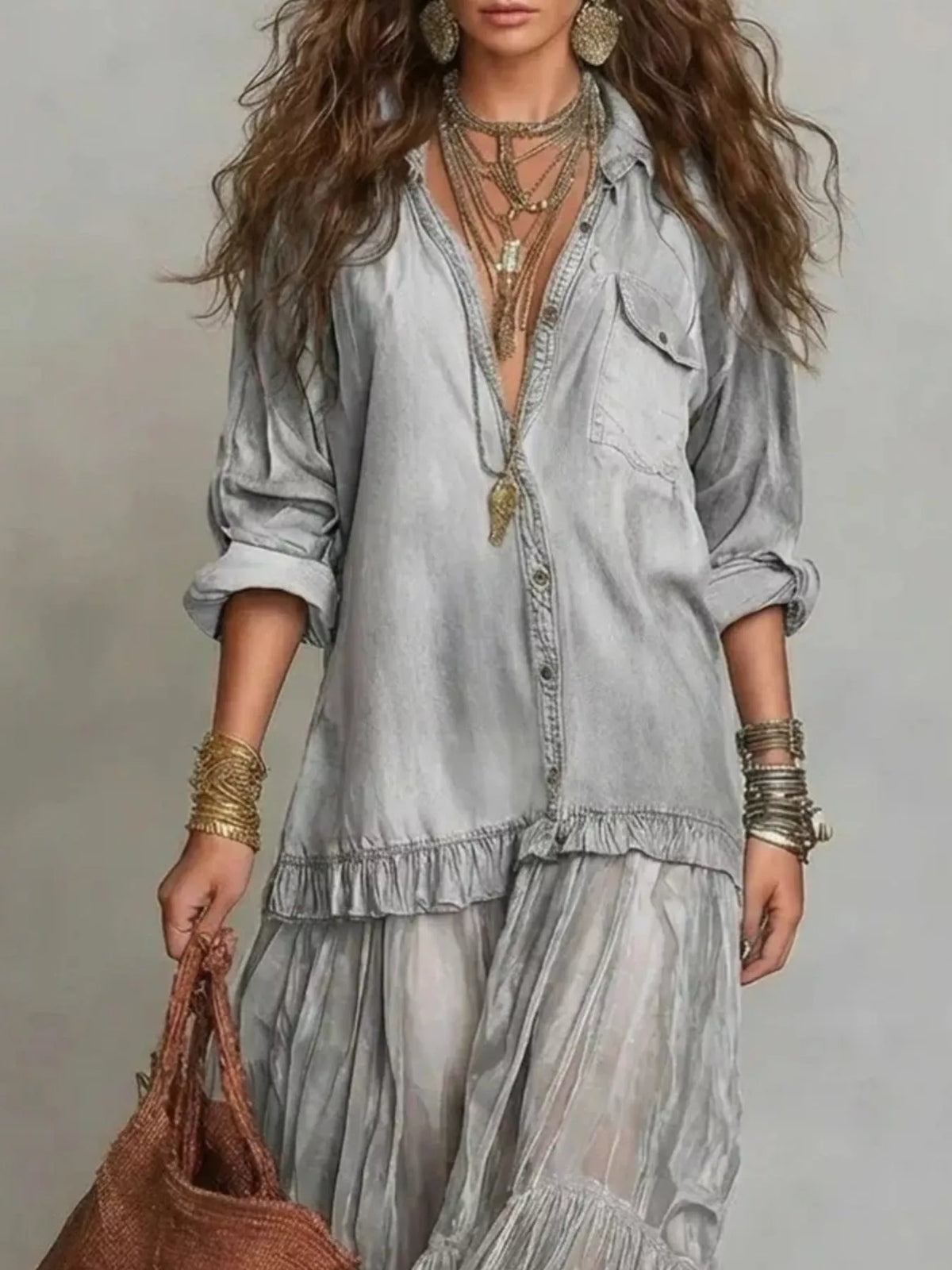 Full Size Sheer Tiered Long Sleeve Maxi Dress Plus Size