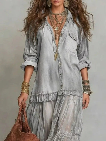Full Size Sheer Tiered Long Sleeve Maxi Dress Plus Size