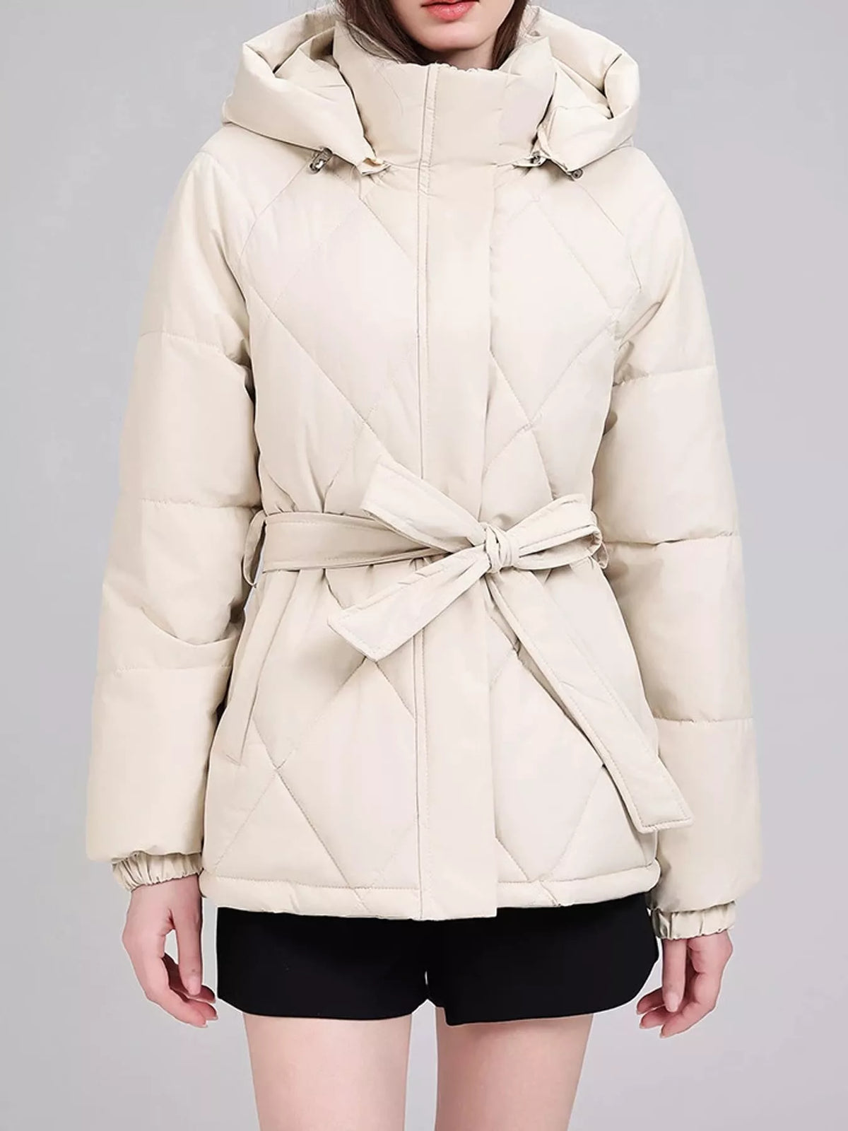 Quilted Waist Belt Hooded Puffer Outerwear