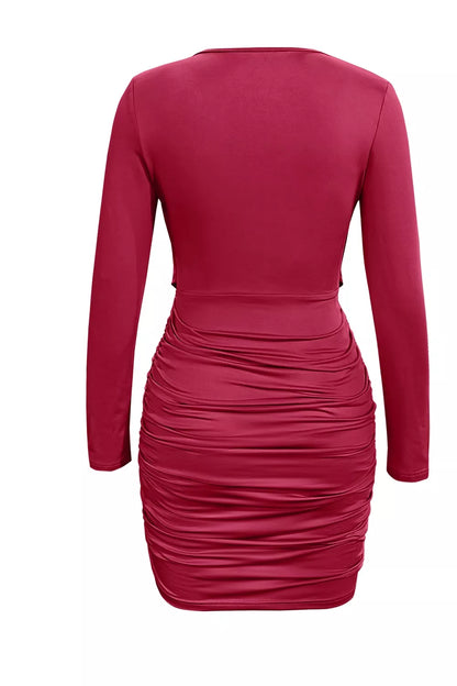 Ruched Cowl Neck Long Sleeve Mini Dress