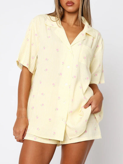 Valentine's Day Printed Collared Neck Short Sleeve Top And Shorts Set