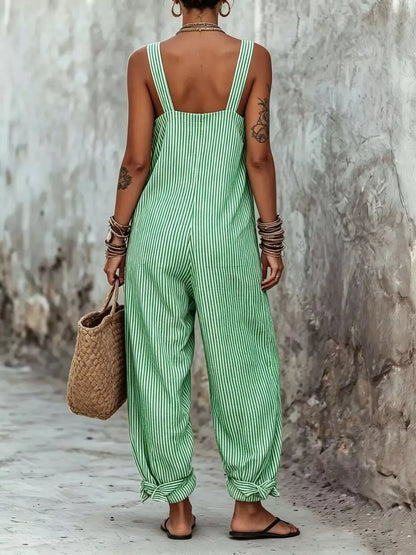 Full Size Striped Square Neck Wide Leg Jumpsuit Plus Size