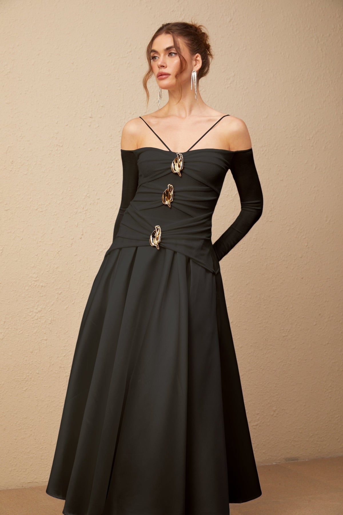 Nadine off-shoulder panelled maxi dress in Black