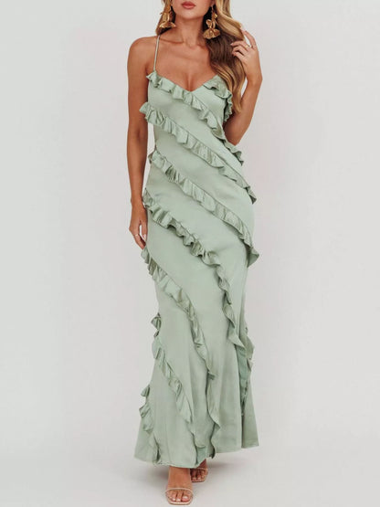 Spaghetti Strap Ruffled Maxi Dress for Women | Flowy Summer Dress with Zipper | Elegant Vacation & Evening Dress