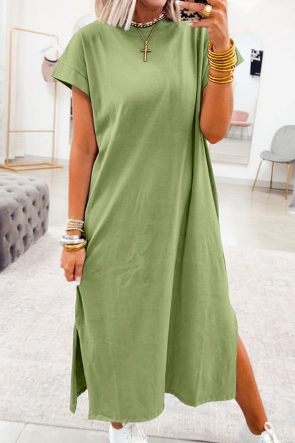 Green Bay Solid Color Long T Shirt Dress with Slits