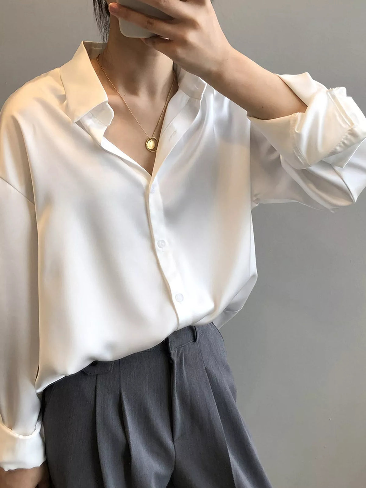Satin Button-Down Long Sleeve Shirt