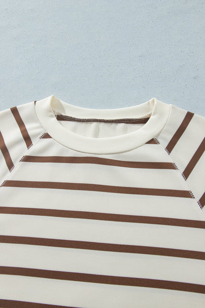 Khaki Stripe Relaxed Long Sleeve Top Color Block Detail Drawstring Pant Set