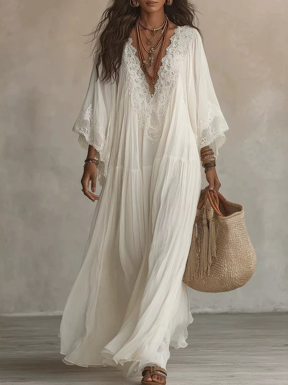 Lace Trim V-Neck Maxi Dress | Feminine Boutique Style