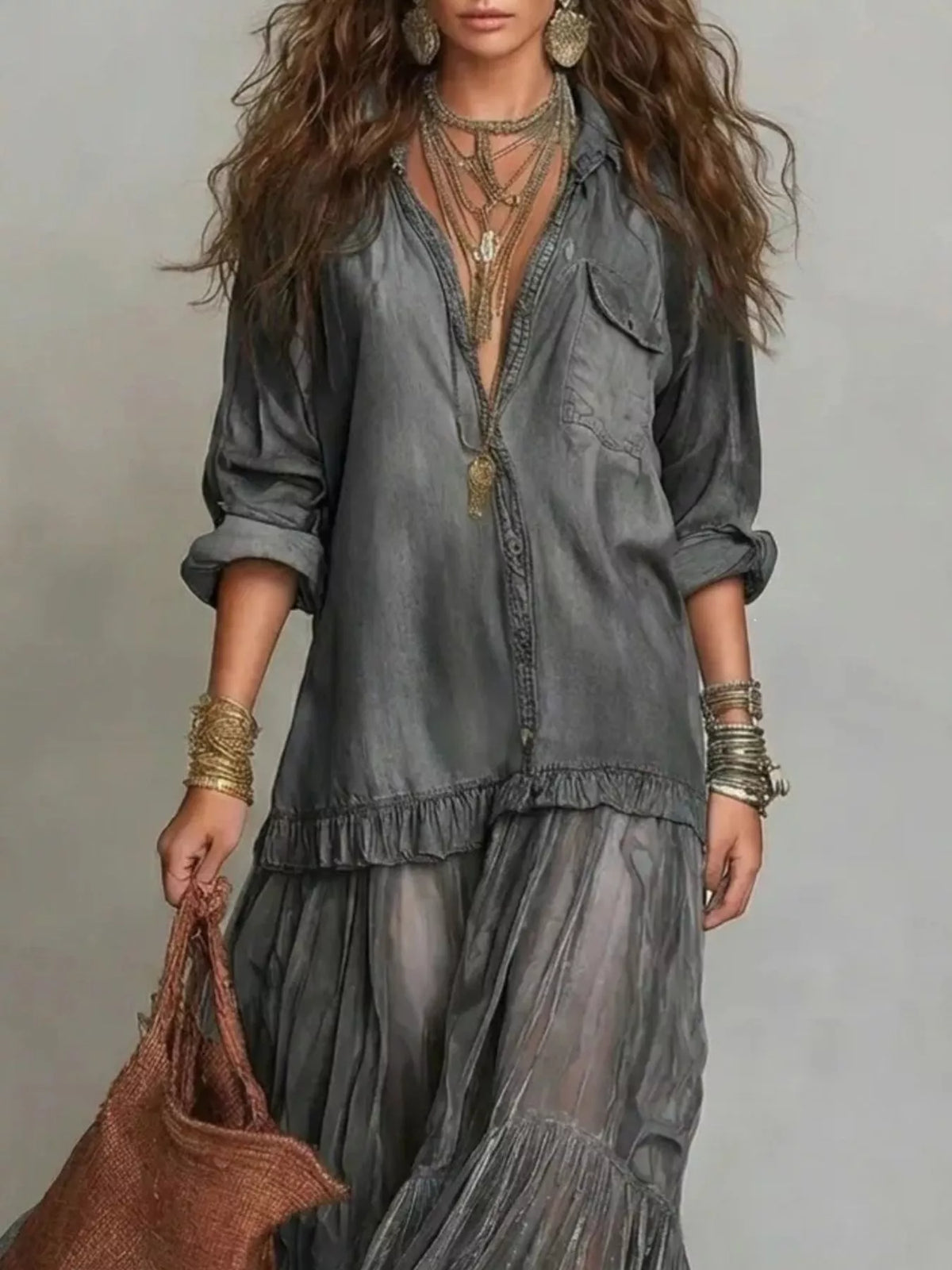Full Size Sheer Tiered Long Sleeve Maxi Dress Plus Size